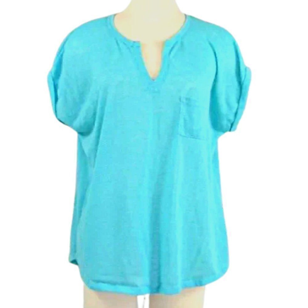 Top Knit Rolled Short Sleeve Round Split Neck Single Pocket Blue Women's Size XL
